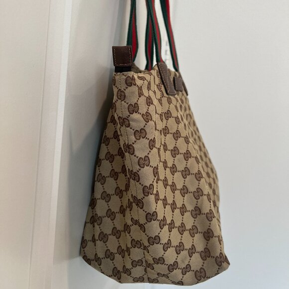 Gucci GG Canvas Monogram Web Tote Bag Brown Red Green Stripe 131231 - Picture 4 of 11